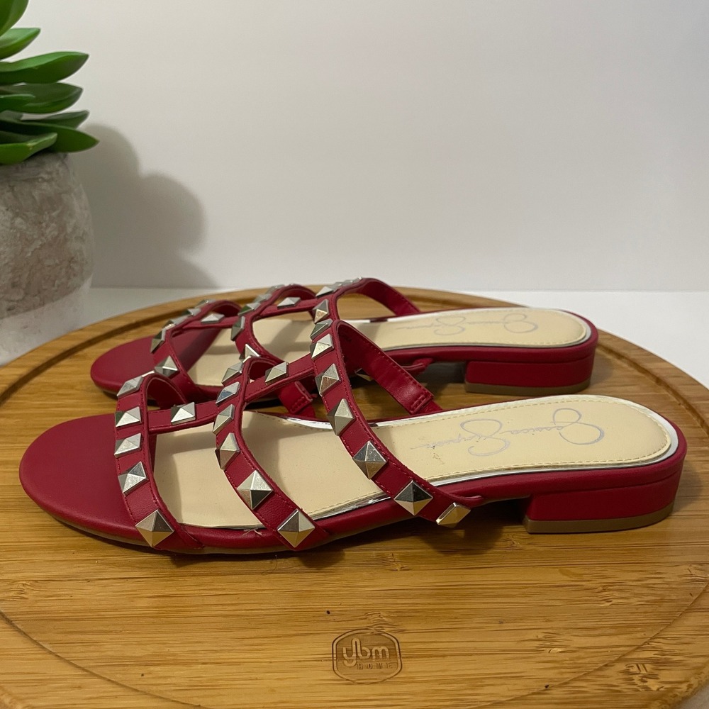Jessica Simpson Caira Red Studded Sandals Women 7 Edgy Metallic Slides Punk Rock